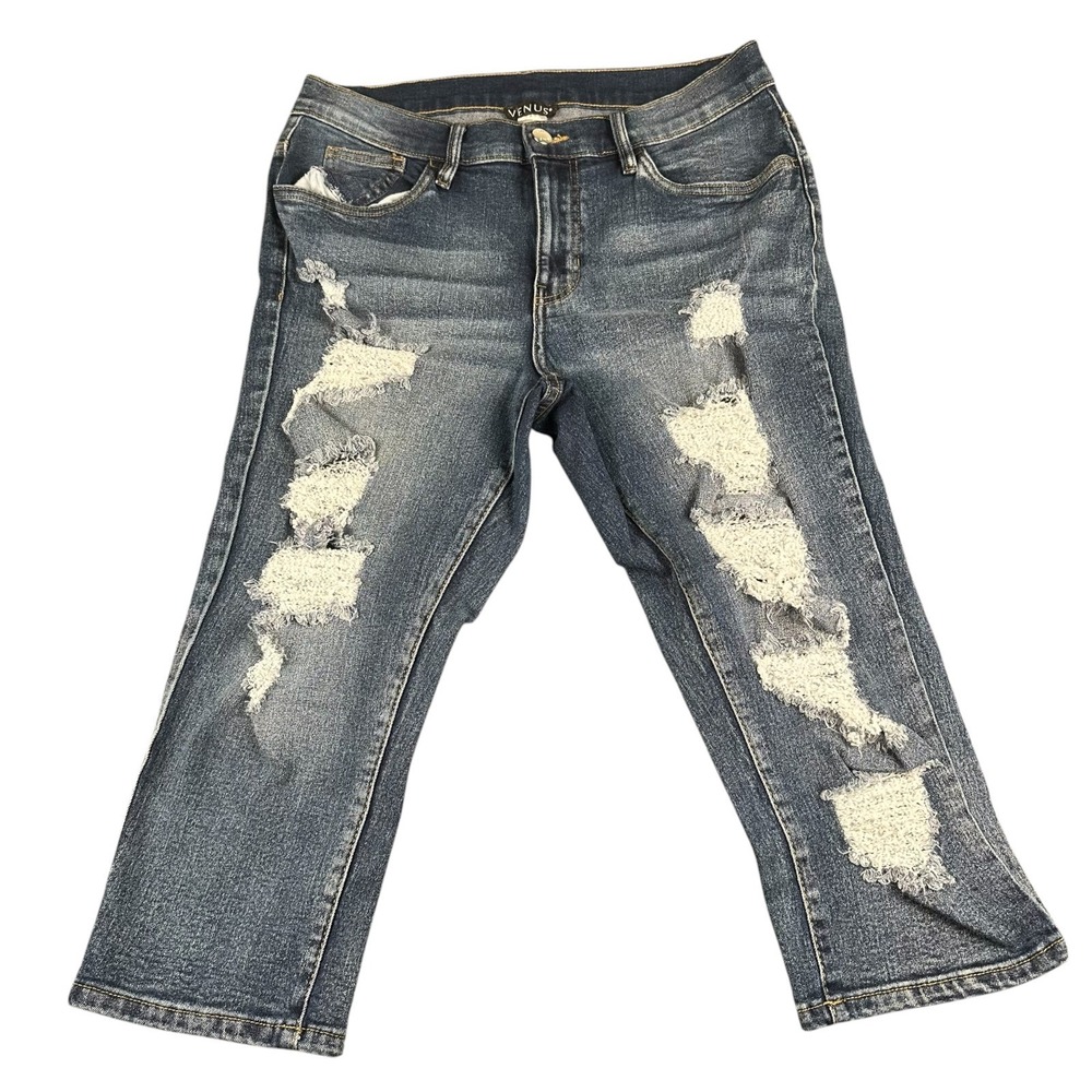 Venus Womens Distressed Cropped Jeans Medium Wash Ripped Capri Denim Size 10